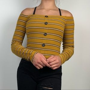 Trendy Off-the-Shoulder Ribbed Knit Striped Top
